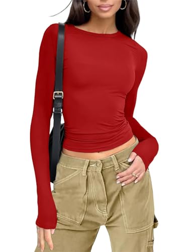 Gosunny Damen Langarmshirt Basic Rundhals Oberteile Einfarbiges Casual Bluse Cropped Slim Fit Tops(Rot,S) von Gosunny