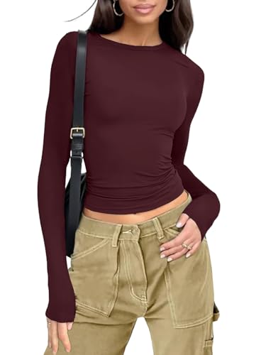 Gosunny Damen Langarmshirt Basic Rundhals Oberteile Einfarbiges Casual Bluse Cropped Slim Fit Tops(Weinrot,L) von Gosunny