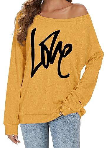 Gosunny Schulterfreies Oberteil Damen Langarm Pullover Lässige Sweatshirt Causal Elegant Bluse (01 Gelb, XL) von Gosunny