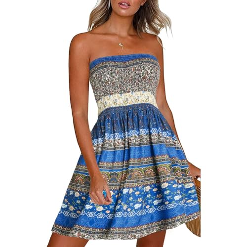 Gosunny Damen Sommer Kleider Schulterfrei Ärmellose Freizeitkleid Bandeau Elegant Strandkleider Kurz Bikini Cover Up(Blau Geblümt,L) von Gosunny