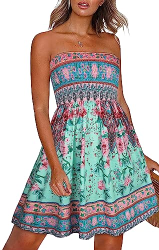 Gosunny Damen Sommer Kleider Schulterfrei Ärmellose Freizeitkleid Bandeau Elegant Strandkleider Kurz Bikini Cover Up(Grün Rosa Boho,XL) von Gosunny