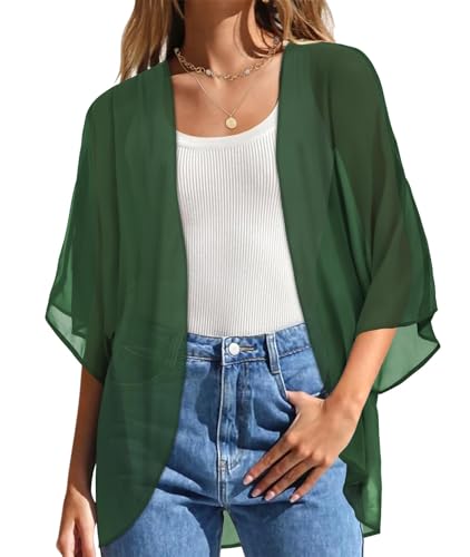 Gosunny Damen Sommer Strand Jacke Offene Vorderseite Kurzarm Kimono Boho Elegante Cardigan（Dunkelgrün，XL） von Gosunny