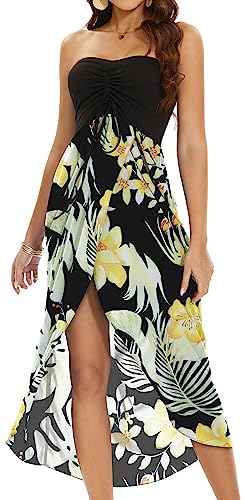 Gosunny Damen Strandkleider Ärmellose Sommer Kleider Elegant Bandeau Boho Lang Freizeitkleid(Gelb Schwarz Blatt,L) von Gosunny