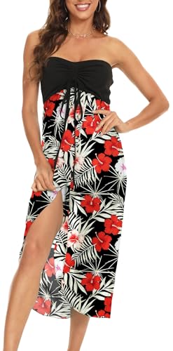 Gosunny Damen Strandkleider Ärmellose Sommer Kleider Elegant Bandeau Boho Lang Freizeitkleid(Rot Schwarz Blatt,L) von Gosunny