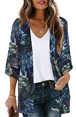 Gosunny Damen Tops Floral Bedruckte Sommer Offene Vorderseite Strickjacke Strand Kimono(Dunkles Blatt,S) von Gosunny