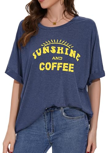Gosunny Damen Tshirt Sommer Kurzarm Rundhals Oberteile Oversize Locker Bluse Einfarig Tops(Tiefblau Gemustert,L) von Gosunny