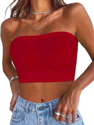 Gosunny Damen Tube Top Sommer Trägerloser Bandeau Rückenfrei Slim Fit Ärmellos Crop Weste(Solid Rot,L) von Gosunny
