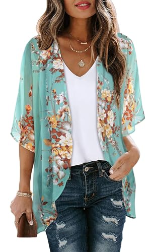 Gosunny Frauen Tops Strickjacken Vorne Offen Kimono Chiffon Lässig Locker Vintage Blumen Cover Ups（Aqua Blau，S） von Gosunny
