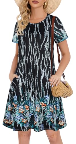 Gosunny Knielang Strandkleider für Damen Urlaub Hawaii Sommer Tunika Boho Kleid（Schwarze Linie Blume，L） von Gosunny
