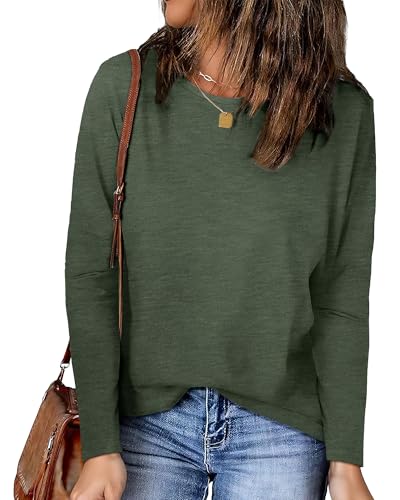 Basic Langarmshirt Damen Einfarbiges Langarm Shirts Rundhals Pullover Tops lässig Oberteile Lose Longshirt(Armeegrün,M) von Gosunny