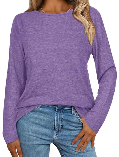 Gosunny Basic Langarmshirt Damen Einfarbiges Langarm Shirts Rundhals Pullover Tops lässig Oberteile Lose Longshirt(Lila,L) von Gosunny