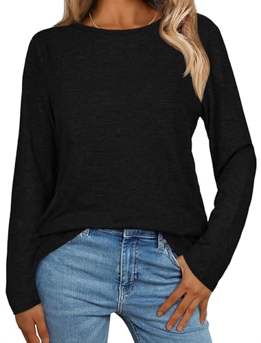 Gosunny Basic Langarmshirt Damen Einfarbiges Langarm Shirts Rundhals Pullover Tops lässig Oberteile Lose Longshirt(Schwarz,XL) von Gosunny
