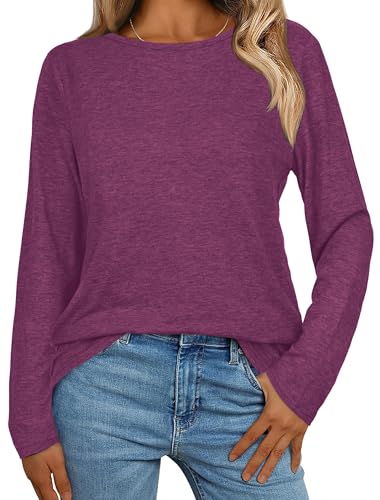 Basic Langarmshirt Damen Einfarbiges Langarm Shirts Rundhals Pullover Tops lässig Oberteile Lose Longshirt(Weinrot,XL) von Gosunny