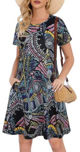 Gosunny Midi Kleider Damen Sommer Kurze Größe Sommerkleid Basic Schwingende Strandkleid mit Tasche（Schwarz Druck，S） von Gosunny