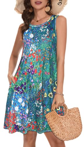 Gosunny Midi Kleider Damen Sommer Oversized Freizeit Boho Kleid Ärmellos Hawaii Geblümte Strandkleid（Grün gefärbte Blumen，S） von Gosunny