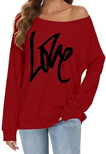 Gosunny Schulterfreies Oberteil Damen Langarm Pullover Lässige Sweatshirt Causal Elegant Bluse (01 Weinrote, 2XL) von Gosunny