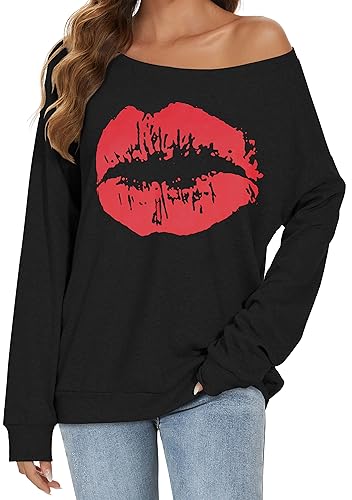 Gosunny Schulterfreies Oberteil Damen Langarm Pullover Lässige Sweatshirt Causal Elegant Bluse (02 Schwarz Rot, M) von Gosunny