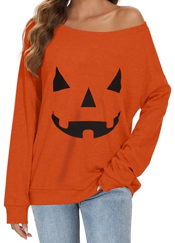 Gosunny Schulterfreies Oberteil Damen Langarm Pullover Lässige Sweatshirt Causal Elegant Bluse (Orangefarbener Kürbis, M) von Gosunny