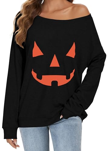 Gosunny Schulterfreies Oberteil Damen Langarm Pullover Lässige Sweatshirt Causal Elegant Bluse (Schwarzer Kürbis, M) von Gosunny