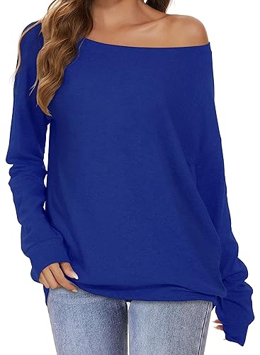 Gosunny Schulterfreies Oberteil Damen Langarm Pullover Lässige Sweatshirt Causal Elegant Bluse (Solide Blau, 2XL) von Gosunny