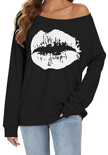 Gosunny Schulterfreies Oberteil Damen Lippen Drucken Off Schulter Tops Causal lose Pullover Bluse (Schwarz Weiß, XL) von Gosunny