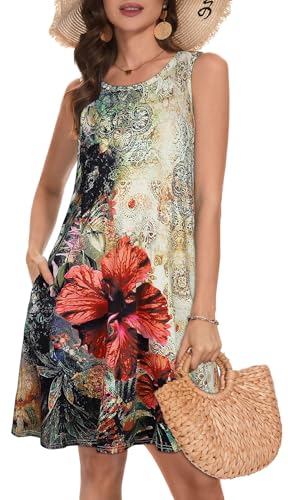 Gosunny Sommerkleid Damen Knielang Rundhalsausschnitt Freizeit Elegant Minikeid ohne Ärmel Strandtunika（Beige Red Flower，M） von Gosunny