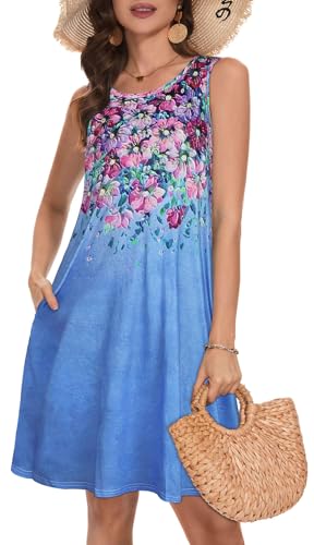 Gosunny Sommerkleid Damen Knielang luftige Urlaub Minikleid Ärmellos Lässige Strandkleider mit Taschen（Blau Blumen，M） von Gosunny