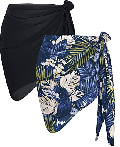 Gosunny Strandtuch Wickelkleid Damen Strand Wrap 2 Stück Bikini Cover up Einfarbig Chiffon Pareo(Schwarz und Blatt) von Gosunny