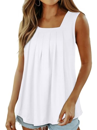 Gosunny T Shirt Damen Swing Ärmellos U-Ausschnitt Tank Tops Lockere Bluse with Front Pleats(Weiß,L) von Gosunny