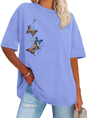 Gosunny Tshirt Damen Oversize V Ausschnitt Blouse Sommer Basic Kurzarm Casual Lose Tops(Blauer Schmetterling,S) von Gosunny
