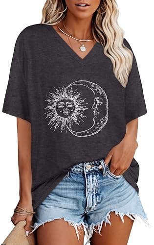 Gosunny Tshirt Damen Oversize V Ausschnitt Blouse Sommer Basic Kurzarm Casual Lose Tops(Grau Weiß Mond Sonne,2XL) von Gosunny