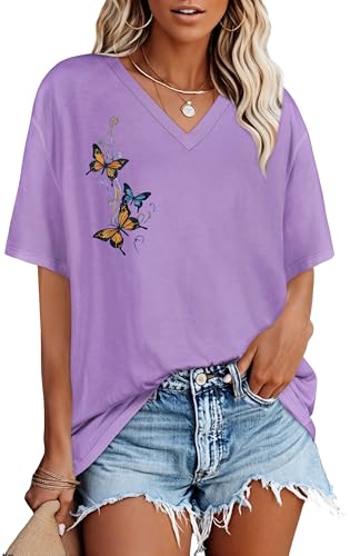 Gosunny Tshirt Damen Oversize V Ausschnitt Blouse Sommer Basic Kurzarm Casual Lose Tops(Lila Schmetterling,S) von Gosunny