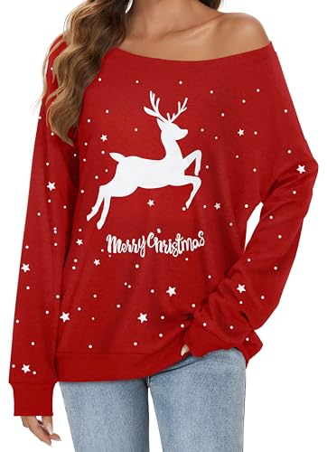 Gosunny Weihnachtspullover Damen Schulterfreie Langarm Christmas Sweatshirt mit Elchprint Oberteil(Rot,M) von Gosunny