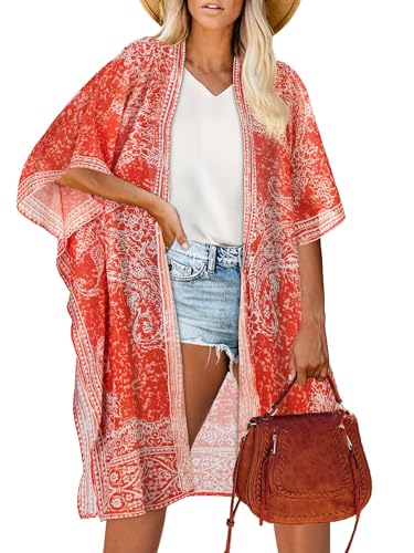 Kimono für Damen Sommer Strickjacken Open Front Badeanzug Cover Up Hawaiian Beach Shirts(Braunrot,S) von Gosunny