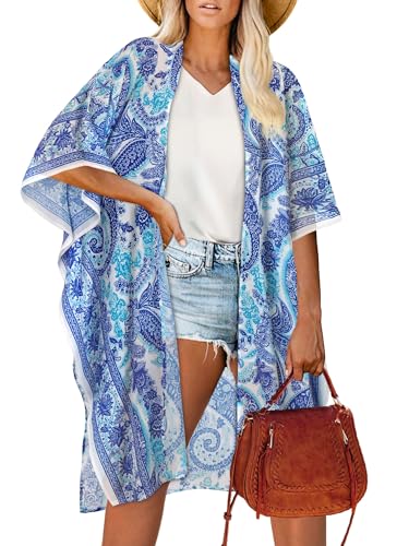 Kimono für Damen Sommer Strickjacken Open Front Badeanzug Cover Up Hawaiian Beach Shirts(Weiß Blau Kreis,S) von Gosunny