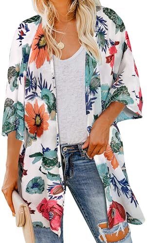 Kimono für Damen Sommer Strickjacken Open Front Badeanzug Cover Up Hawaiian Beach Shirts(Weiße Blume,M) von Gosunny