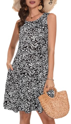 Kurz Sommerkleid für Damen Geblümte Strand Bohemia Swing Drop Waist Midikleider mit Taschen（Schwarz Blumen，S） von Gosunny