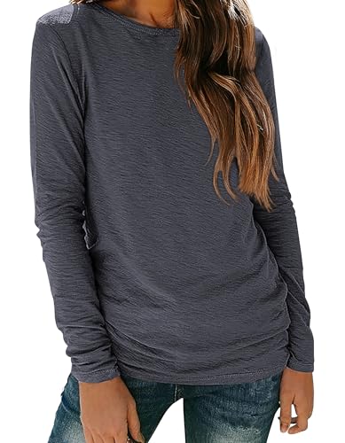 Langarmshirt Damen Basic Rundhals Oberteile Einfarbiges Casual Blusen lose Pullover Langarm Tops(Schwarz Grau,XL) von Gosunny