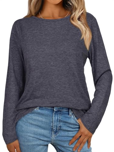 Basic Langarmshirt Damen Einfarbiges Langarm Shirts Rundhals Pullover Tops lässig Oberteile Lose Longshirt(Schwarz Grau,XL) von Gosunny