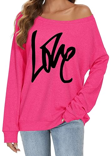 Off Shoulder Oberteil Damen lässig Pullover Langarm Runder Halsausschnitt Bluse Grafik T-Shirt (Rosa, M) von Gosunny