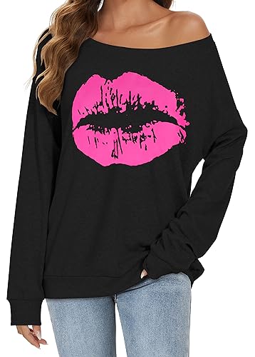 Schulterfreies Oberteil Damen Langarm Pullover Lässige Sweatshirt Causal Elegant Bluse (02 Schwarz Rosa, L) von Gosunny