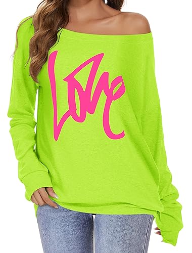 Schulterfreies Oberteil Damen Tops Langarm Grafik Pullover Shirt Bluse Neon Kleidung (Grün, M) von Gosunny