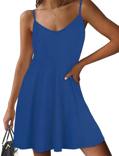 Sommerkleider für Damen Spaghetti Träger Sonnenkleid lässig Ärmellos Strandkleid mit Taschen（Helles Blau,S von Gosunny