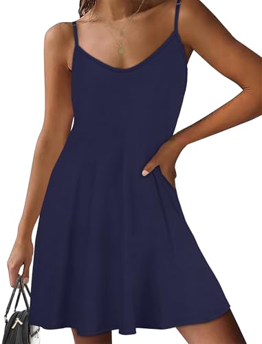 Sommerkleider für Damen Spaghetti Träger Sonnenkleid lässig Ärmellos Strandkleid mit Taschen（Marineblau,M von Gosunny