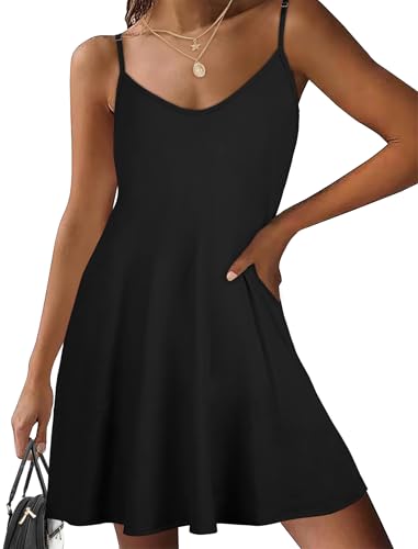Sommerkleider für Damen Spaghetti Träger Sonnenkleid lässig Ärmellos Strandkleid mit Taschen（Schwarz,M von Gosunny