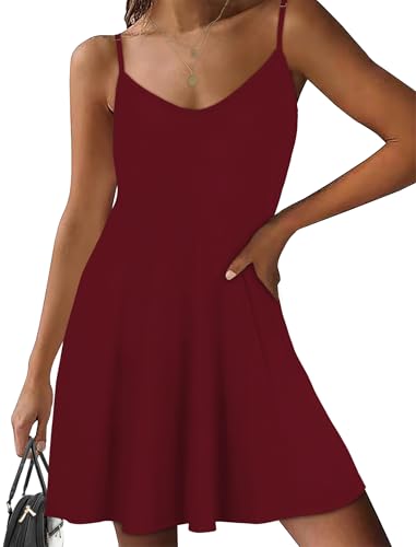 Sommerkleider für Damen Spaghetti Träger Sonnenkleid lässig Ärmellos Strandkleid mit Taschen（Weinrot,M von Gosunny
