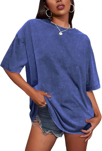 T Shirt für Damen Oversize Rundhalsausschnitt Tops Sommer Basic Tees Bluse(Blau,S) von Gosunny