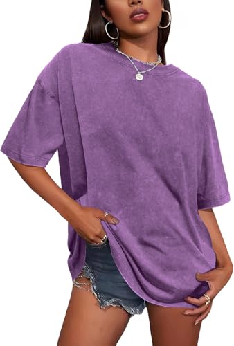 T Shirt für Damen Oversize Rundhalsausschnitt Tops Sommer Basic Tees Bluse(Lila,M) von Gosunny