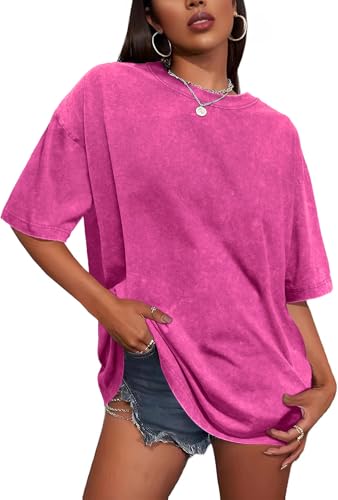 T Shirt für Damen Oversize Rundhalsausschnitt Tops Sommer Basic Tees Bluse(Rosa,M) von Gosunny
