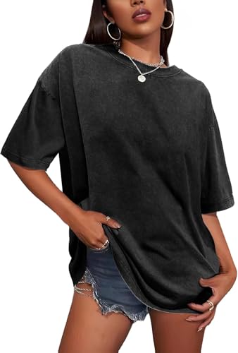 T Shirt für Damen Oversize Rundhalsausschnitt Tops Sommer Basic Tees Bluse(Schwarz,L) von Gosunny